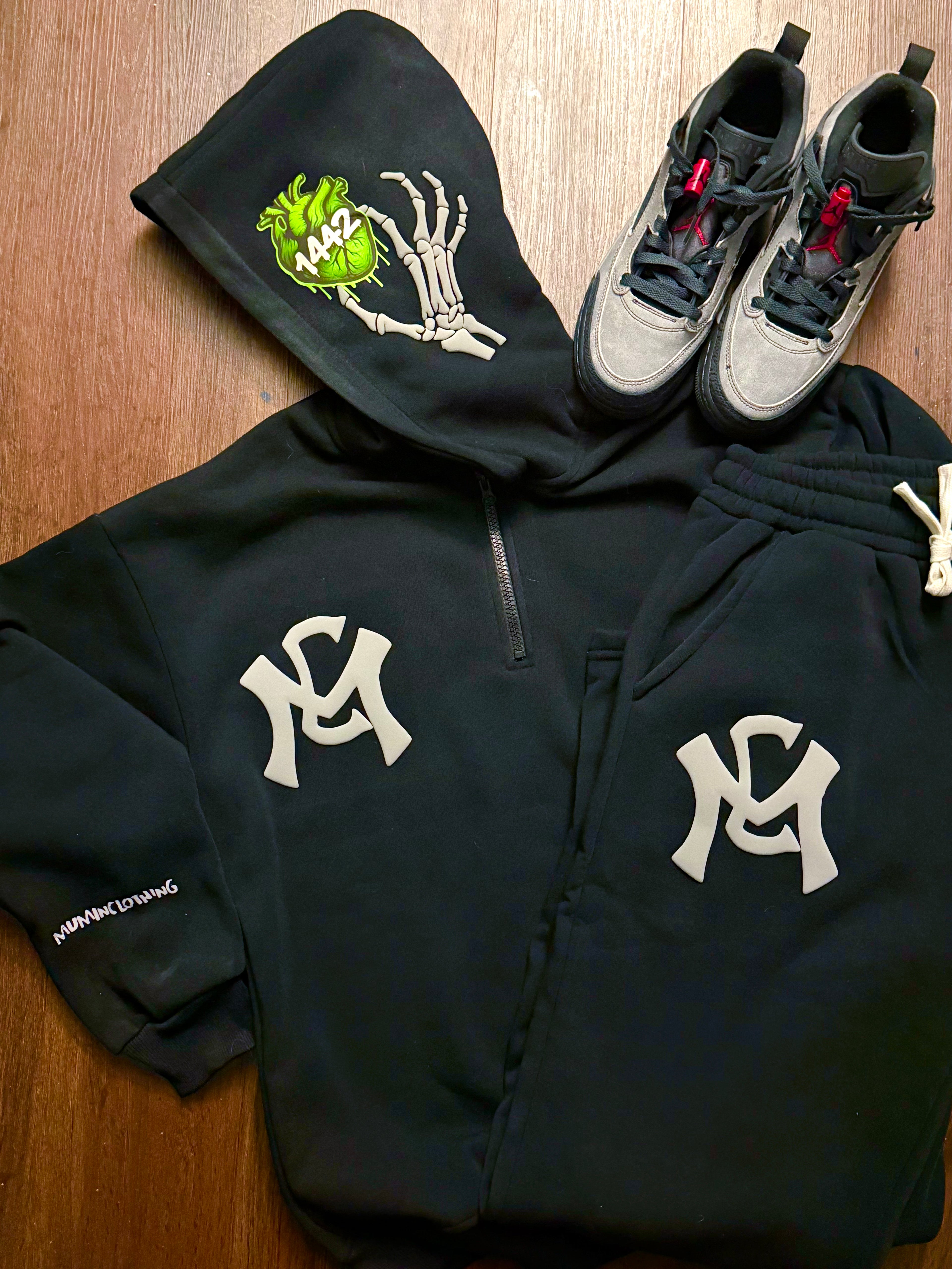 Quarter zip hooded sweatsuit